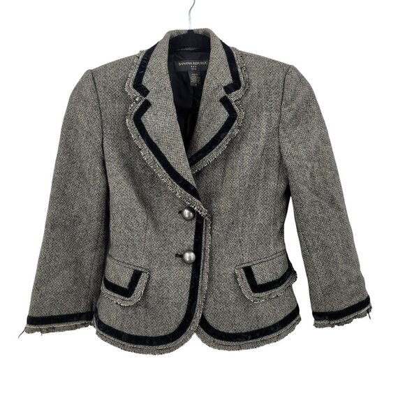 Vtg Y2K Banana Republic Petite Herringbone Blazer 2P Gray Wool Velvet Academia - Picture 8 of 8